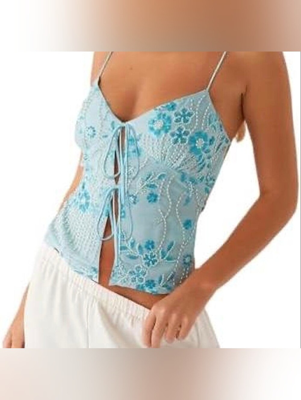 Light Blue Floral Beaded Camisole Top